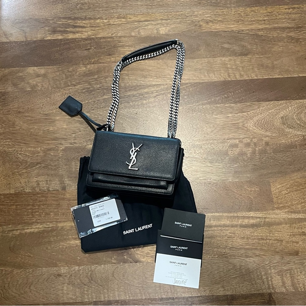 Saint Laurent Sunset Small in Black Leather with Silver YSL Hardware
